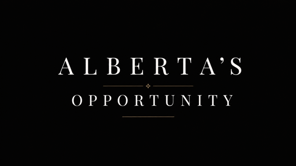 Minimal black presentation slide displaying the phrase “Alberta’s Opportunity” in elegant white serif typography with subtle gold divider accents.