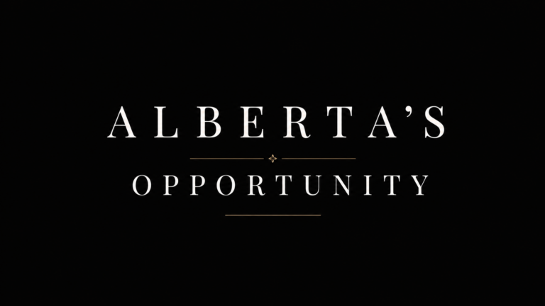 Minimal black presentation slide displaying the phrase “Alberta’s Opportunity” in elegant white serif typography with subtle gold divider accents.