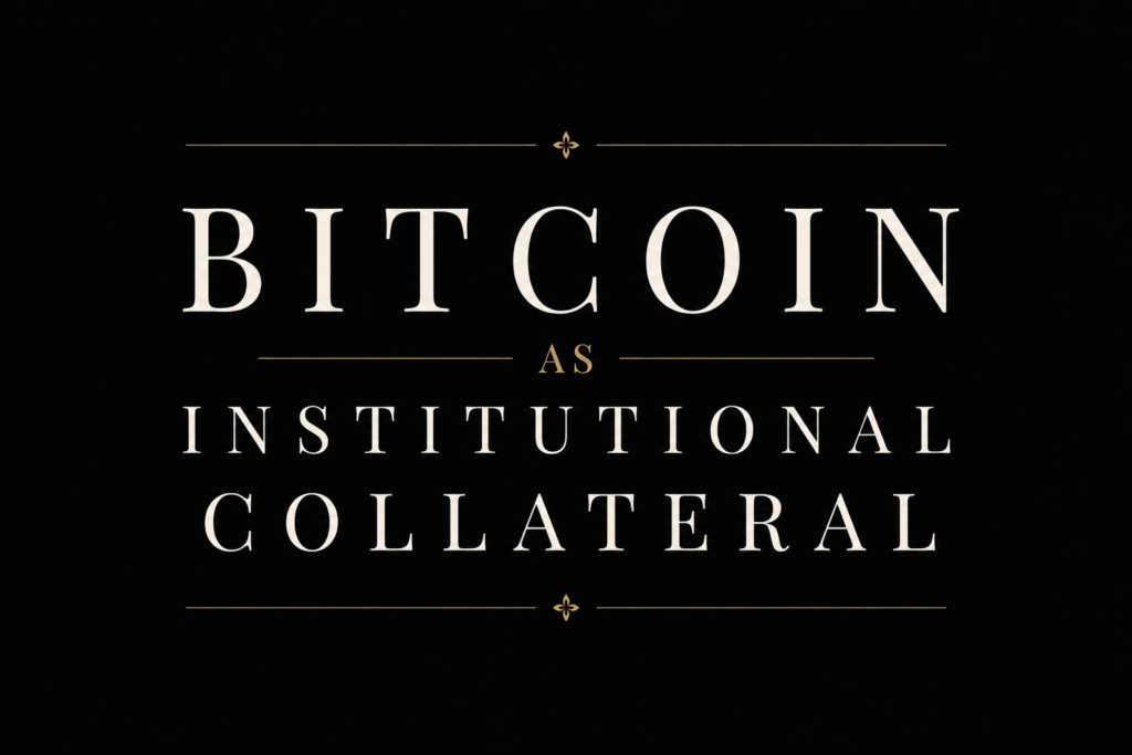 Minimal black title slide displaying the phrase “Bitcoin as Institutional Collateral” in elegant white serif typography with gold accent lines.