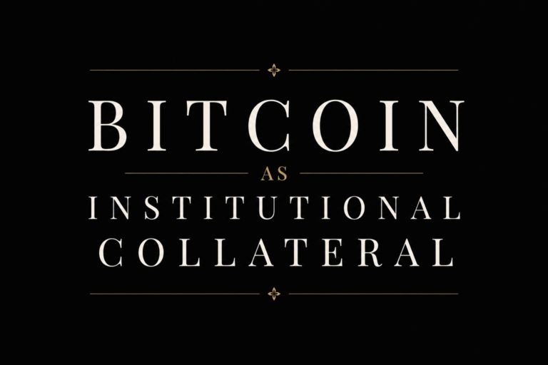 Minimal black title slide displaying the phrase “Bitcoin as Institutional Collateral” in elegant white serif typography with gold accent lines.
