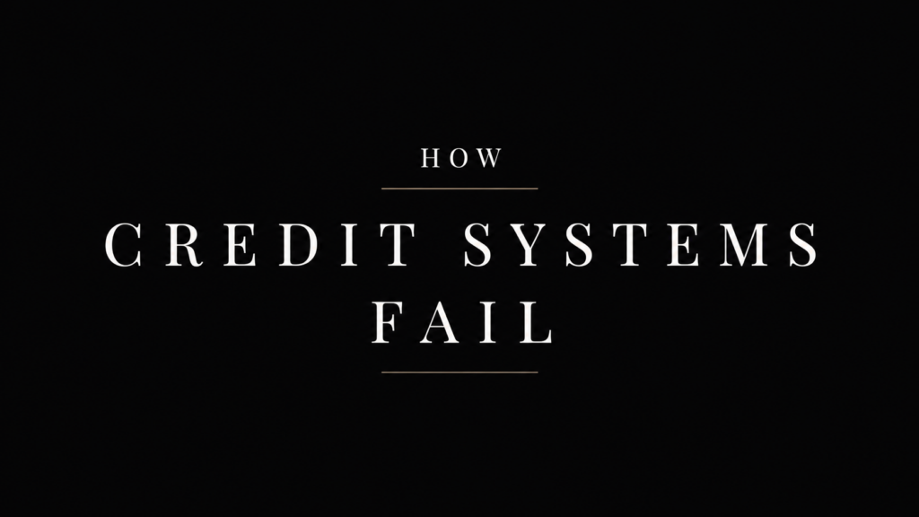 Minimal black slide displaying the phrase “How Credit Systems Fail” in large white serif text with gold decorative lines.