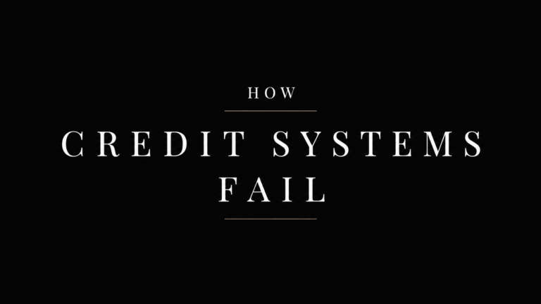 Minimal black slide displaying the phrase “How Credit Systems Fail” in large white serif text with gold decorative lines.