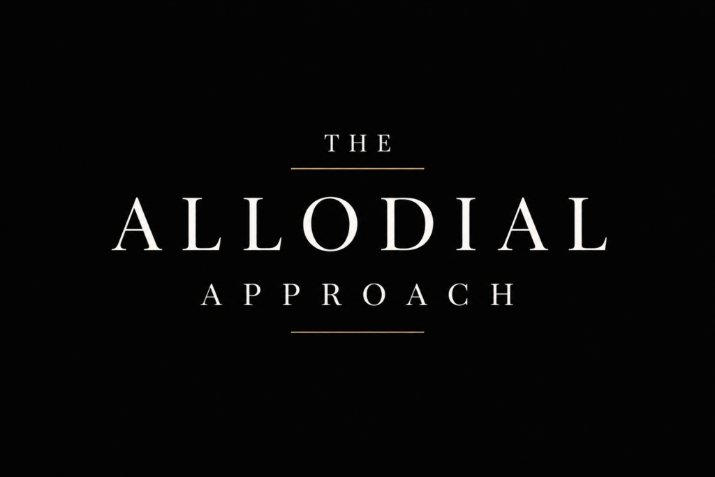 Black minimalist title slide displaying the phrase “The Allodial Approach” in elegant white serif typography with gold divider lines.