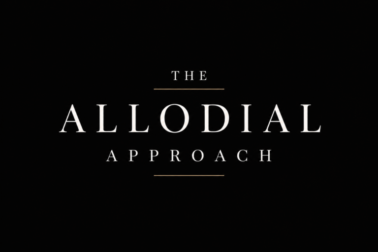 Black minimalist title slide displaying the phrase “The Allodial Approach” in elegant white serif typography with gold divider lines.