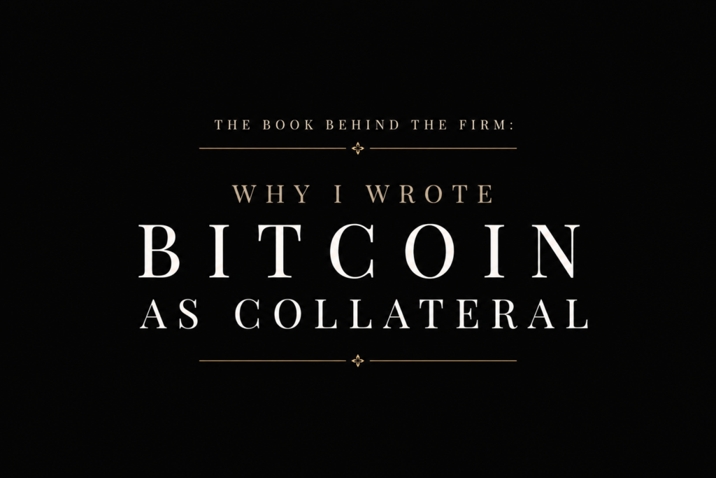 Elegant black presentation slide displaying the phrase “Why I Wrote Bitcoin as Collateral” in white serif typography with gold decorative divider lines.