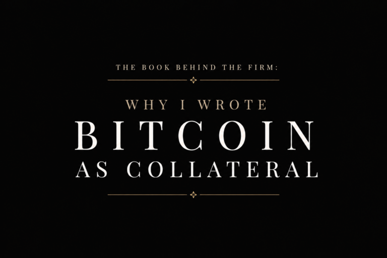 Elegant black presentation slide displaying the phrase “Why I Wrote Bitcoin as Collateral” in white serif typography with gold decorative divider lines.