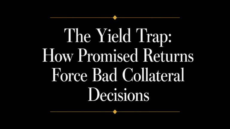 Black title slide with white serif text reading “The Yield Trap: How Promised Returns Force Bad Collateral Decisions,” accented by thin gold divider lines above and below.