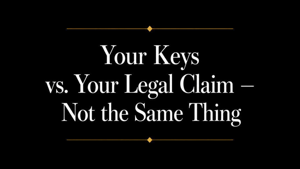 Title graphic reading "Your Keys vs. Your Legal Claim — Not the Same Thing" in large white serif text on a black background with gold horizontal divider lines and diamond accents, illustrating the distinction between Bitcoin private key ownership and legal claims to digital assets.