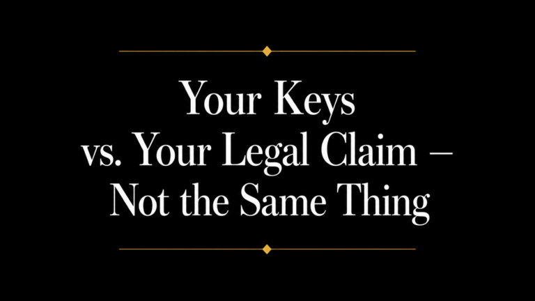 Title graphic reading "Your Keys vs. Your Legal Claim — Not the Same Thing" in large white serif text on a black background with gold horizontal divider lines and diamond accents, illustrating the distinction between Bitcoin private key ownership and legal claims to digital assets.