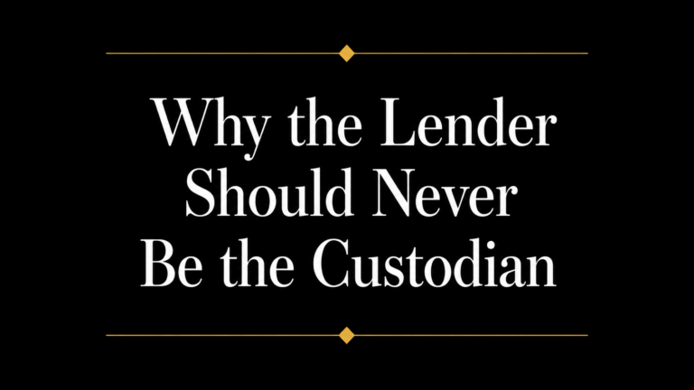 Title graphic reading "Why the Lender Should Never Be the Custodian" in large white serif text on a black background with gold horizontal divider lines and diamond accents, highlighting the importance of separating lending and custody roles in Bitcoin-backed finance.